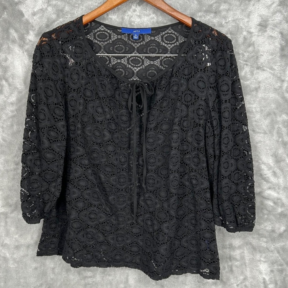 Apt 9 Womens XL Black Floral Lace Tie Neck 3/4 Sleeve Top Night Out Romantic